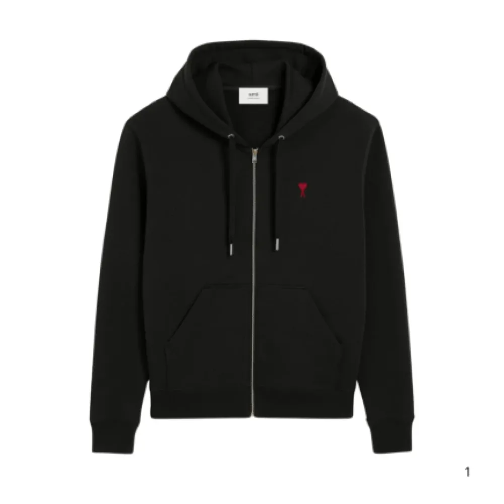 Trøjer<Ami Paris Ami de Coeur Zip Hoodie Sort