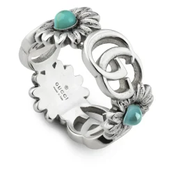 Smykker^Gucci Argento 925, Perlemor, Blå Topas, Harpiks - Ring med dobbelt G og blomstmotiv i blank aldret sterlingsølv, perlemor, blå topas og turkis harpiks Grå
