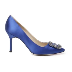 Pumps|Stiletter^Manolo Blahnik Satin Krystal Spænde Hæl Pumps Blå