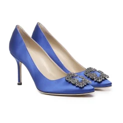 Pumps|Stiletter^Manolo Blahnik Satin Krystal Spænde Hæl Pumps Blå