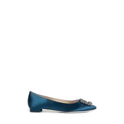 Ballerina Sko<Manolo Blahnik Satin Krystal Spænder Flade Blå