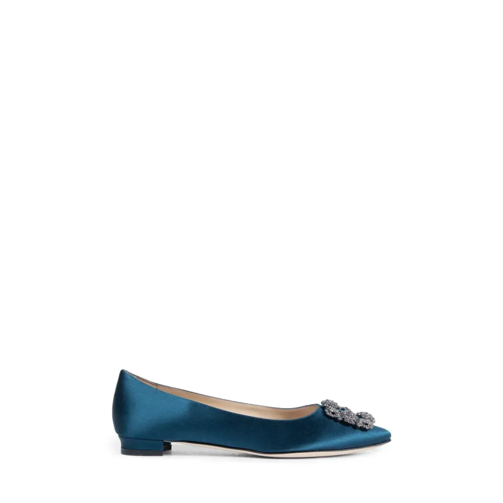 Ballerina Sko<Manolo Blahnik Satin Krystal Spænder Flade Blå