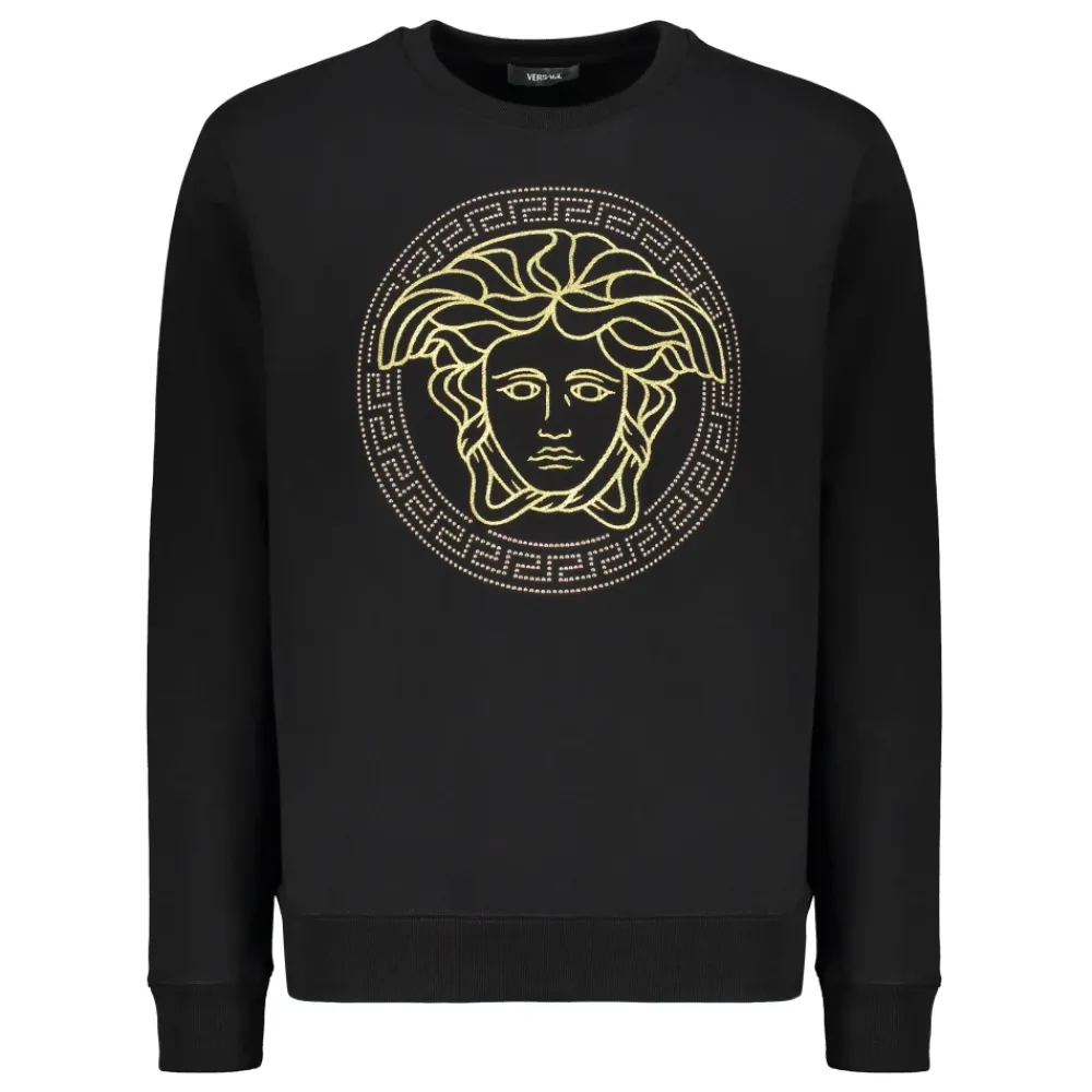 Trøjer|Sweatshirts<Versace Broderet bomuldssweatshirt med ribkanter Sort