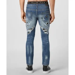Jeans^Philipp Plein Denim Super Straight Cut Destroyed Blå
