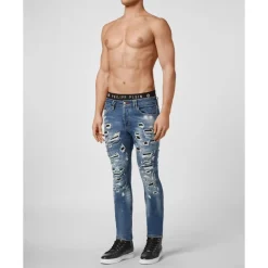 Jeans^Philipp Plein Denim Super Straight Cut Destroyed Blå