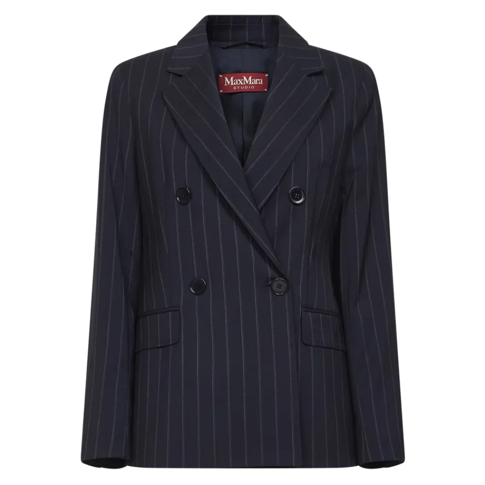 Jakker<Max Mara Studio Dobbeltknappet nålestribet uld blazer Blå