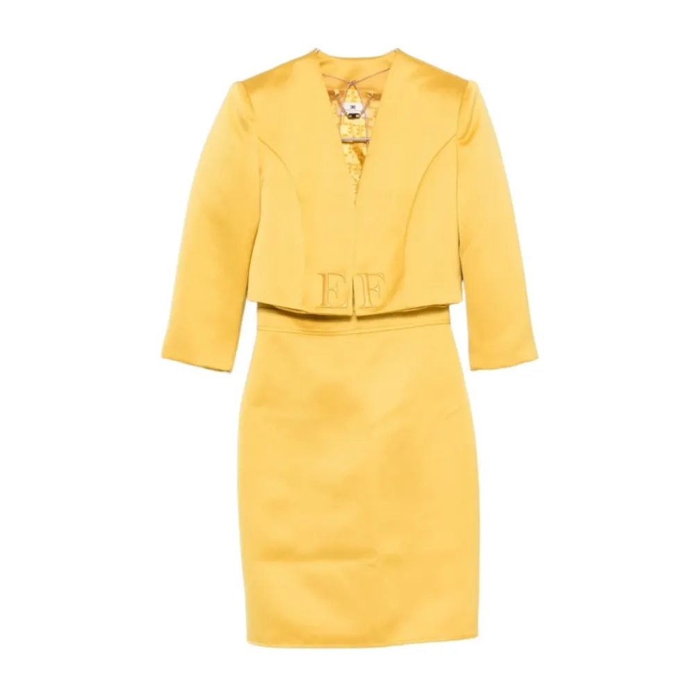 Kjoler<Elisabetta Franchi Duchess Satin Kjole med Tylryg og Jakke Gul