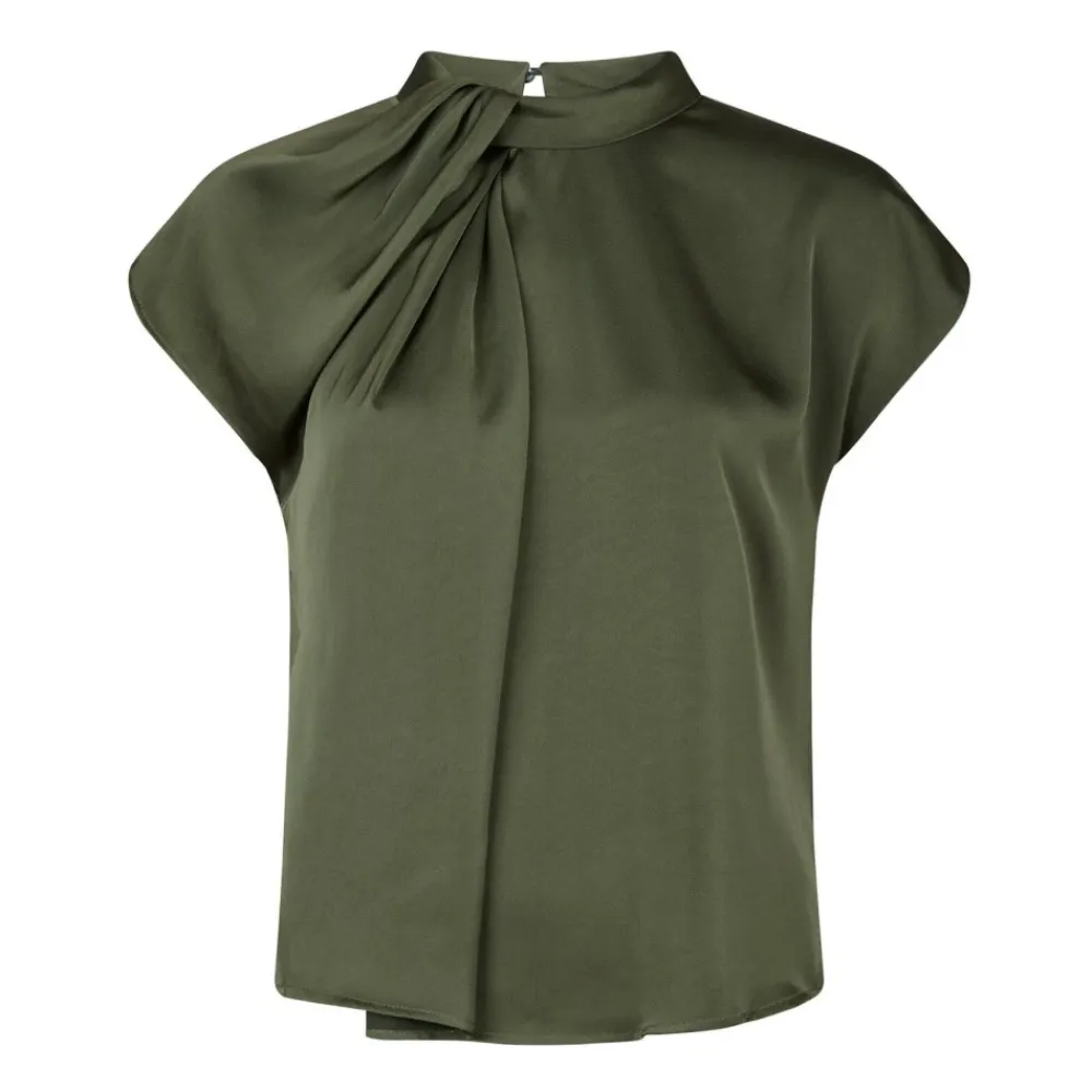 Bluser & Skjorter<Neo Noir Elegant Drapy Satin Bluse med Knude Detalje Grøn