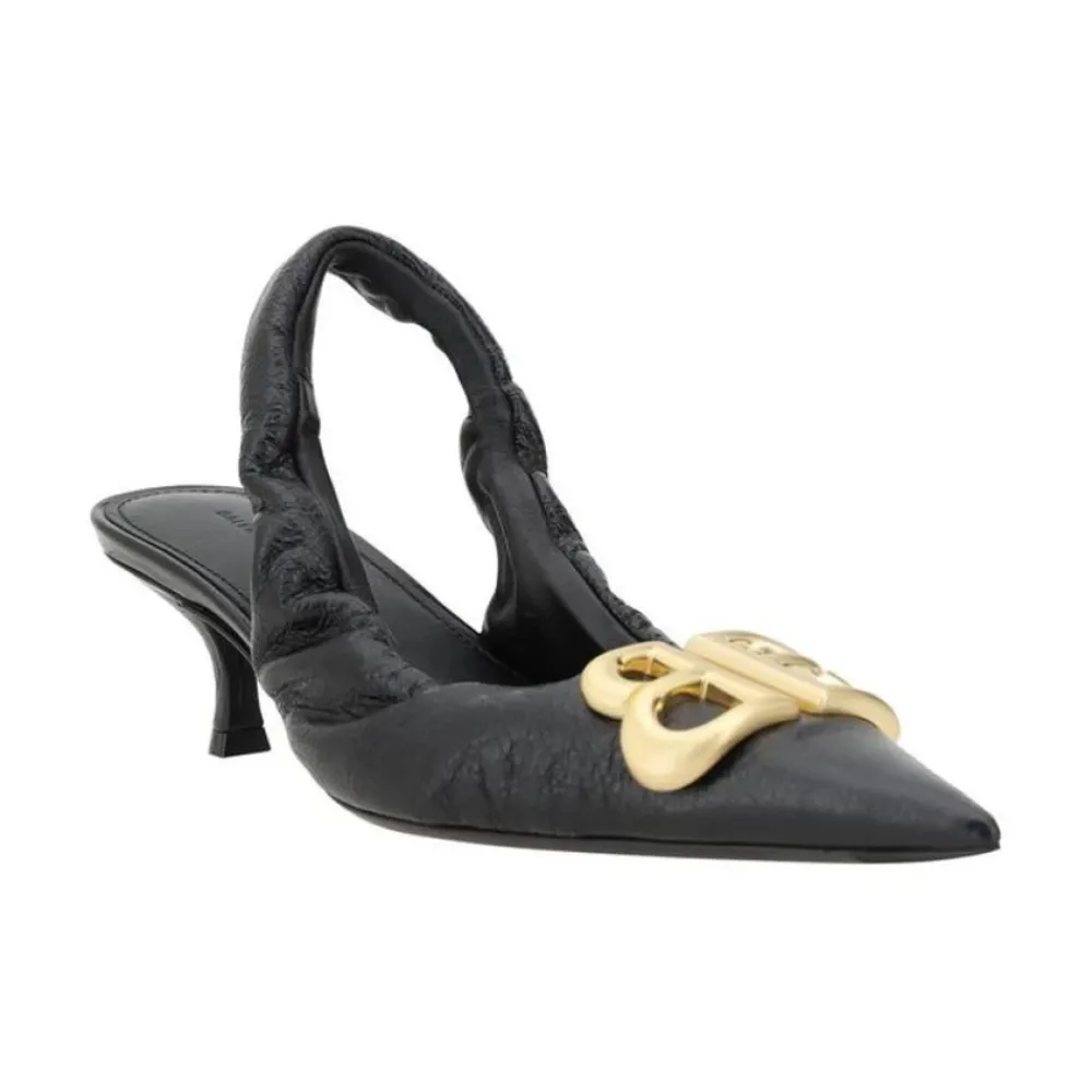 Pumps^Balenciaga Elegant Læder Slingback Kitten Heel Pumps Sort