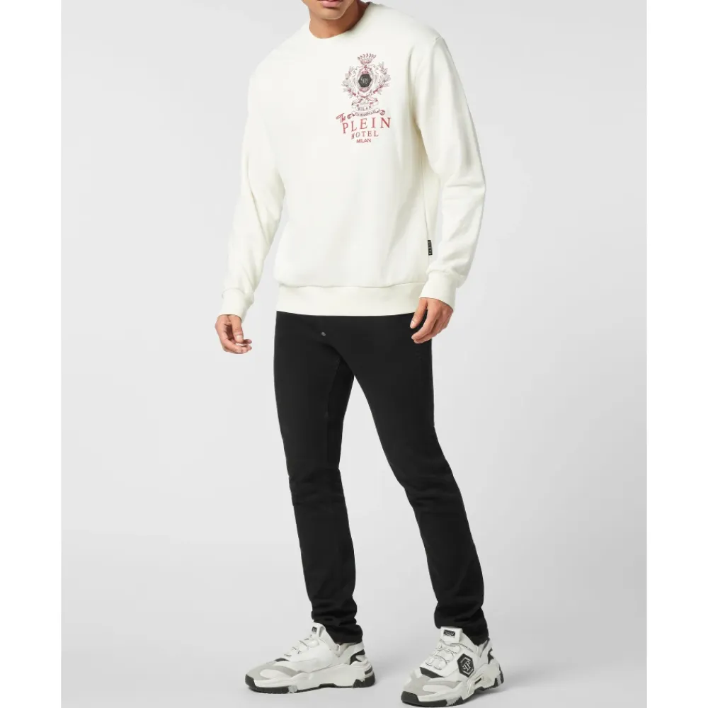 Sweatshirts<Philipp Plein Fleece Rundhalset Sweatshirt Plein Hotel Hvid