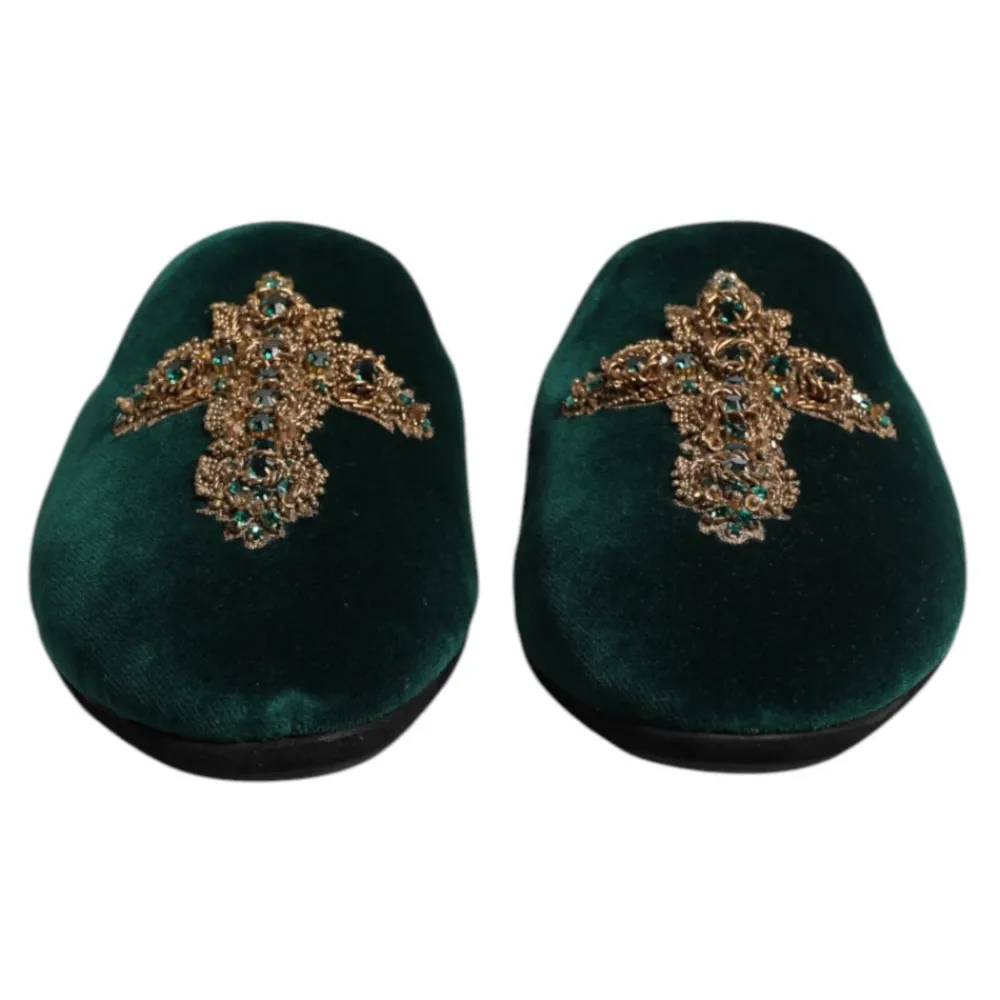 Hjemmesko<Dolce & Gabbana Velvet Cross Embellished Slippers Grøn
