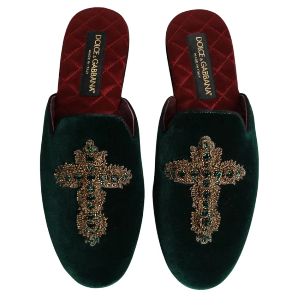 Hjemmesko<Dolce & Gabbana Velvet Cross Embellished Slippers Grøn