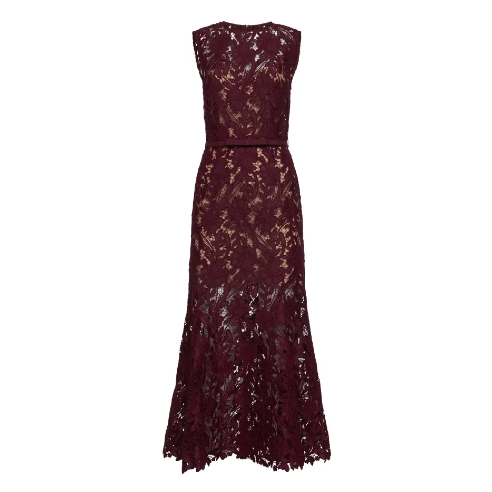 Kjoler<Self Portrait Guipure Lace Belted Midi Dress Lilla