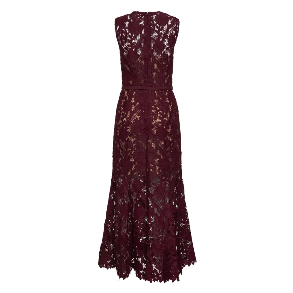 Kjoler<Self Portrait Guipure Lace Belted Midi Dress Lilla