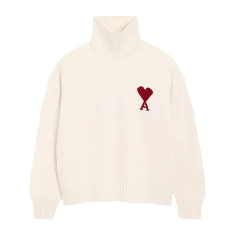 Strik<Ami Paris Hjerteindlæg Turtleneck Sweater Hvid