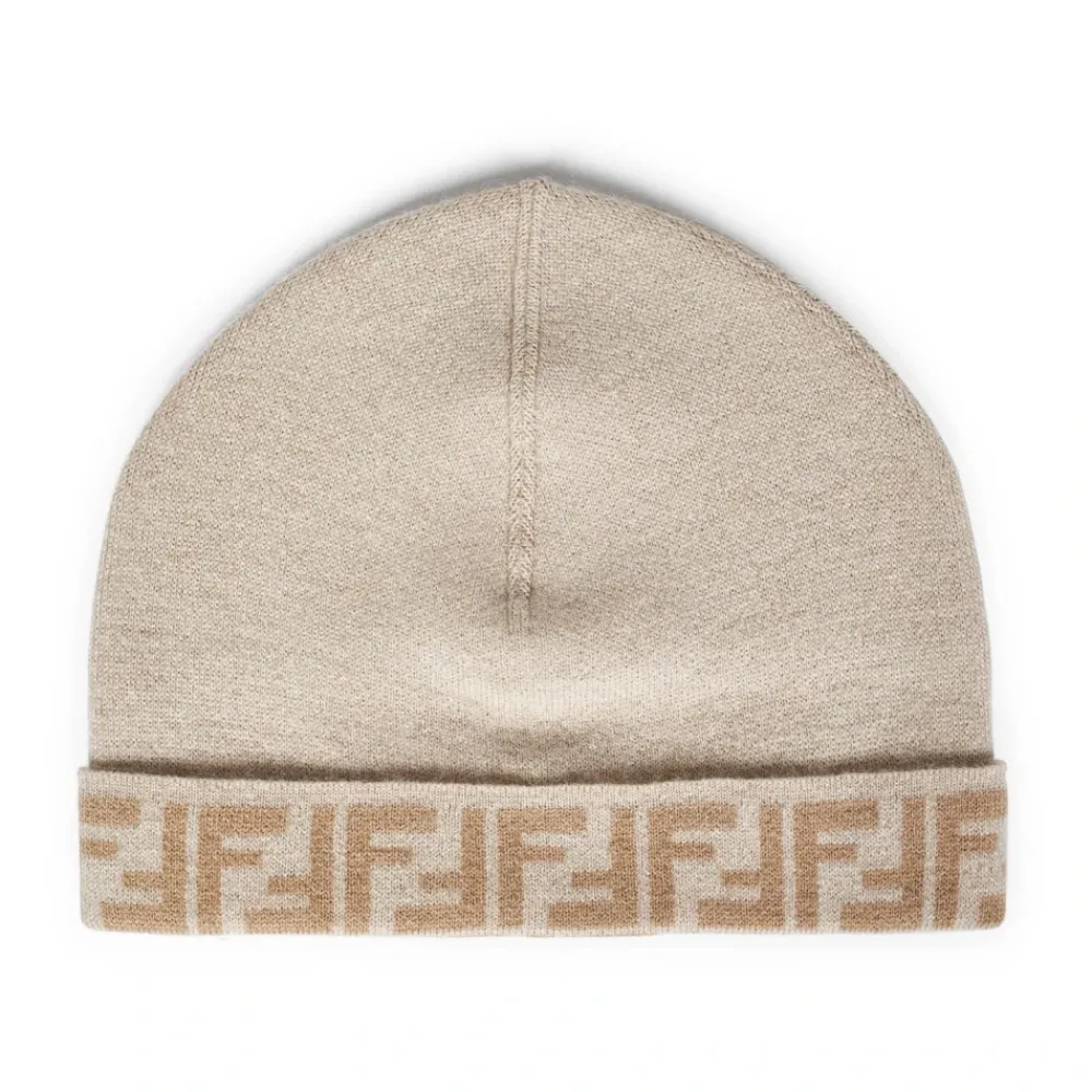 Huer & Kasketter<Fendi Jacquard Reversibel Uld Cashmere Hue Beige