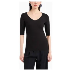 T-Shirts^Emporio Armani Jersey Stretch V-udskåret Top med 3/4 Ærmer Sort