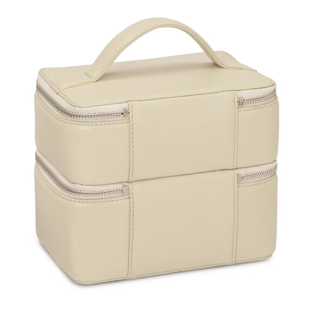 Toilettasker^Kazar Læder makeuptaske med spejl og børsteholdere Beige