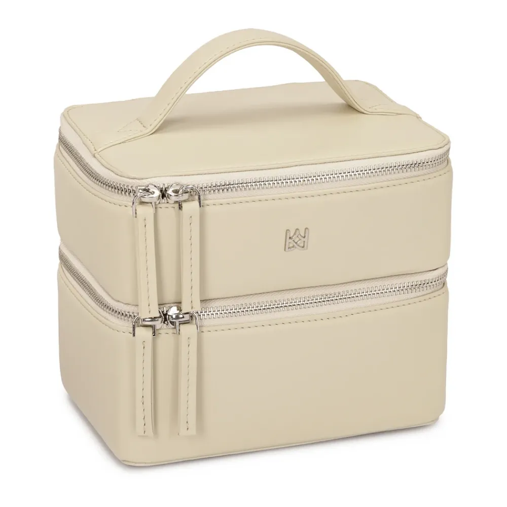 Toilettasker^Kazar Læder makeuptaske med spejl og børsteholdere Beige