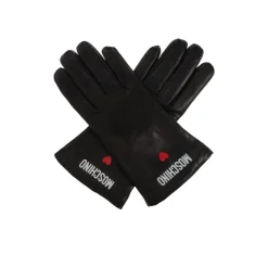 Handsker|Handsker<Moschino Læderhandsker med trykt logo Sort