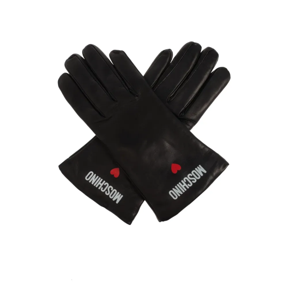 Handsker|Handsker<Moschino Læderhandsker med trykt logo Sort