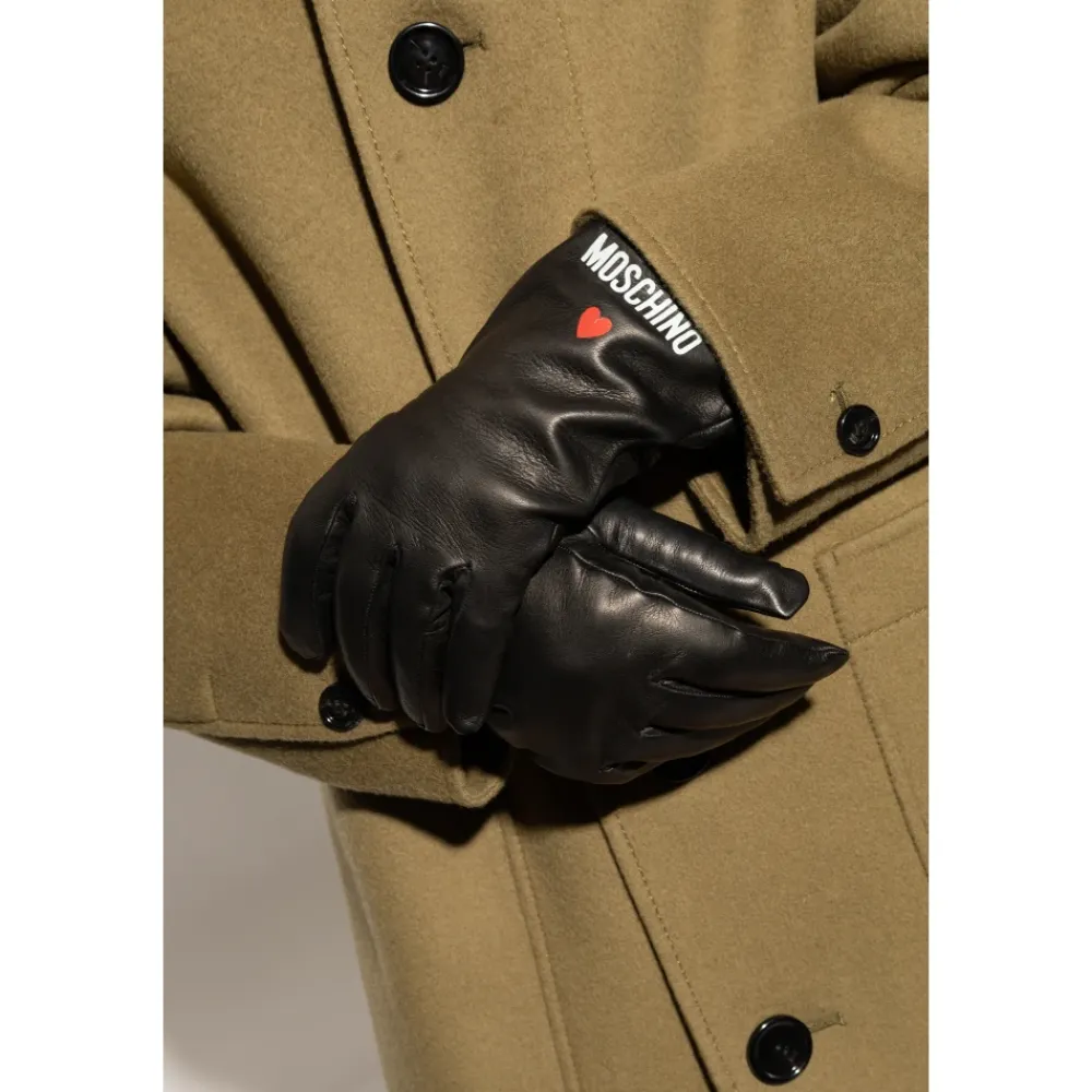 Handsker|Handsker<Moschino Læderhandsker med trykt logo Sort