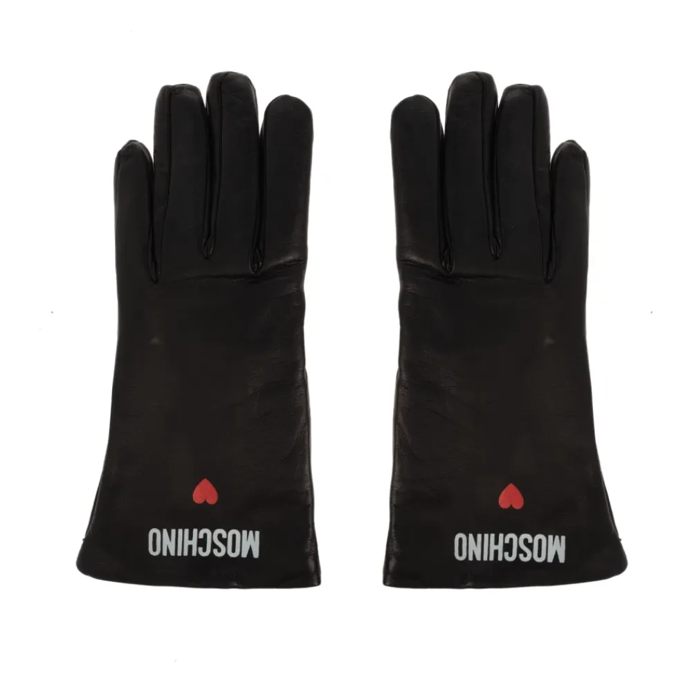 Handsker|Handsker<Moschino Læderhandsker med trykt logo Sort