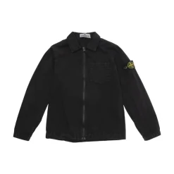 Jakker<Stone Island Logo Patch Zip-Up Skjorte Sort