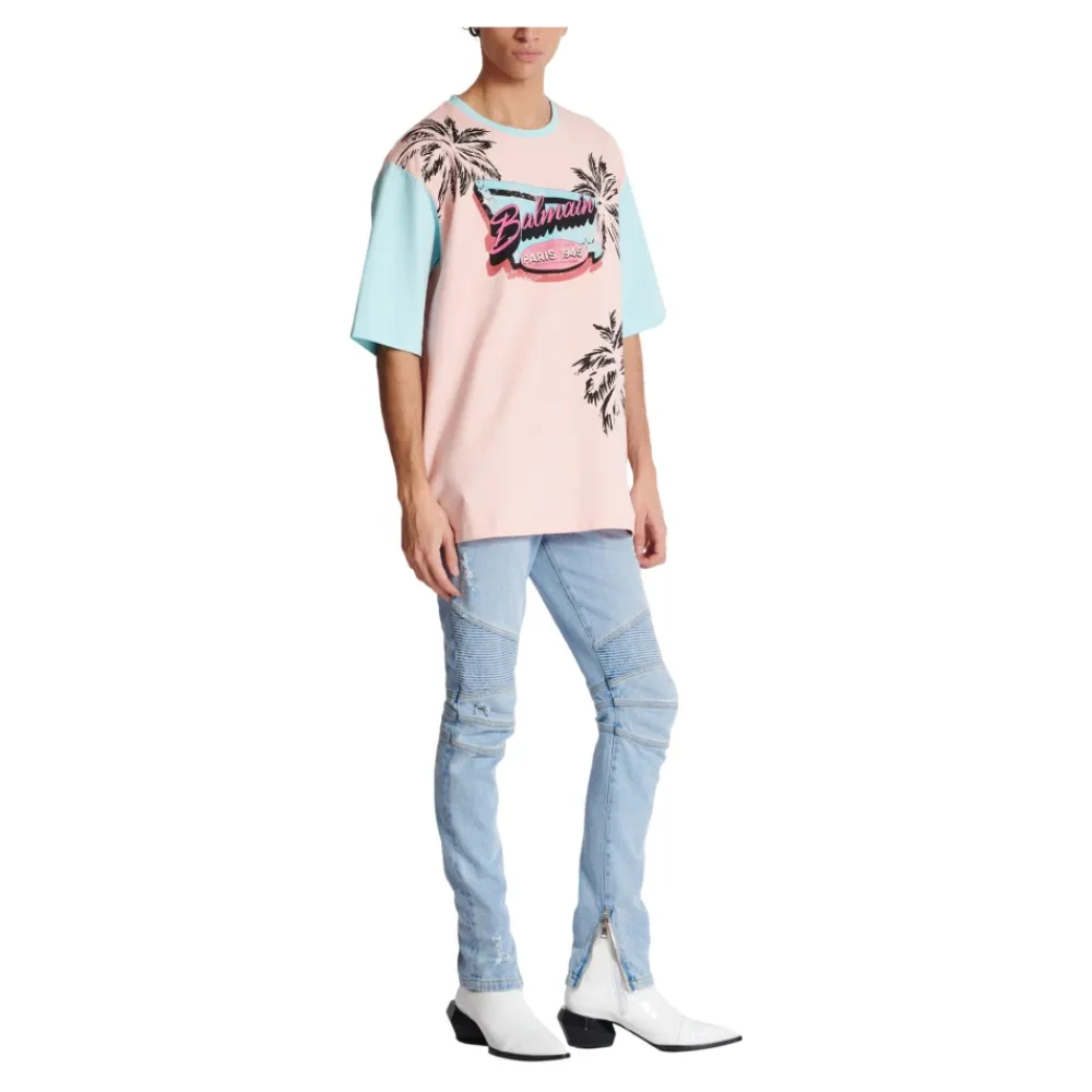 T-Shirts<Balmain Løs Miami trykt T-shirt Multifarvet