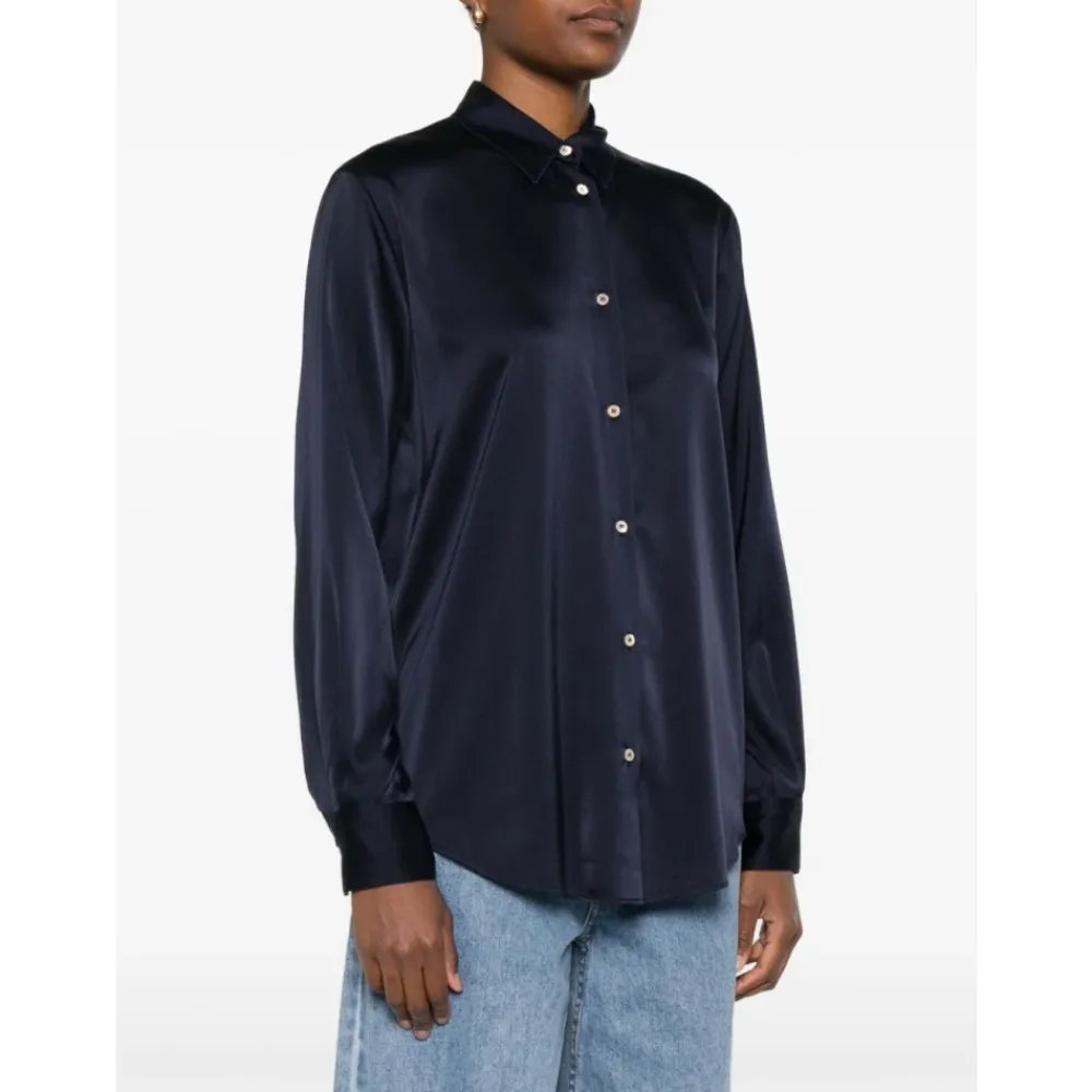 Bluser & Skjorter^Forte Forte Navy Blue Silkeblandet Skjorte med Krave Blå