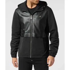 Træningsjakker<Philipp Plein Nylon/Leather Hooded Jacket LS Sort
