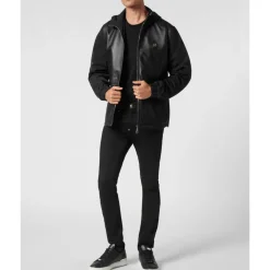 Træningsjakker<Philipp Plein Nylon/Leather Hooded Jacket LS Sort