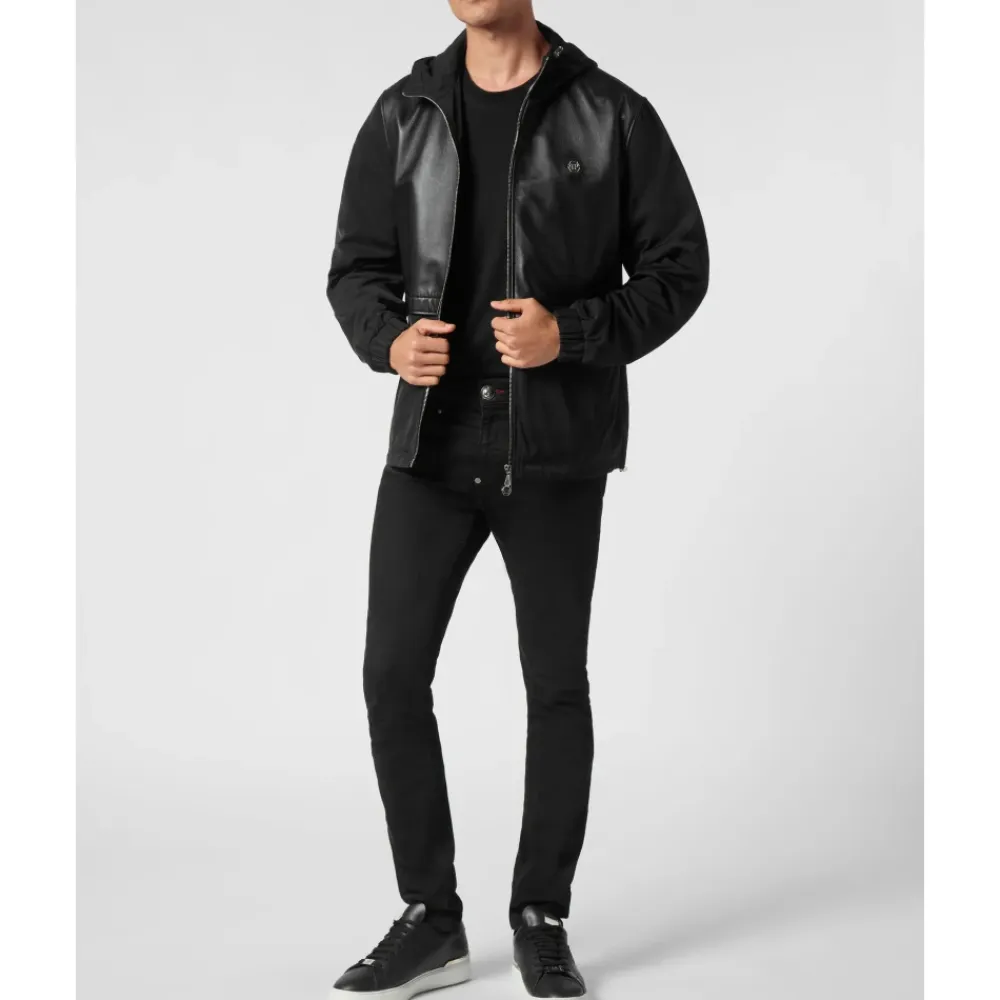 Træningsjakker<Philipp Plein Nylon/Leather Hooded Jacket LS Sort