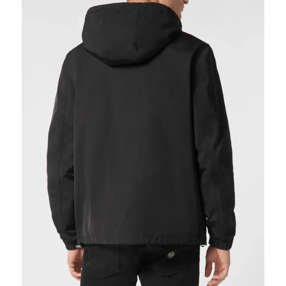 Træningsjakker<Philipp Plein Nylon/Leather Hooded Jacket LS Sort