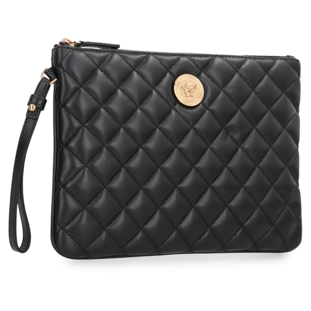 Clutch^Versace Quiltet læder flad taske med håndledsrem Sort