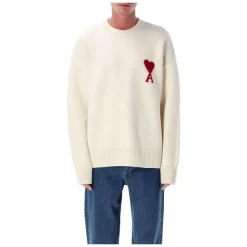 Strik<Ami Paris Rød Uld Crewneck Sweater med Hjerte Beige