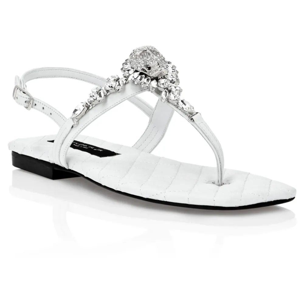 Sandaler<Philipp Plein Sandals Flat Crystal Skull with Crystals Hvid