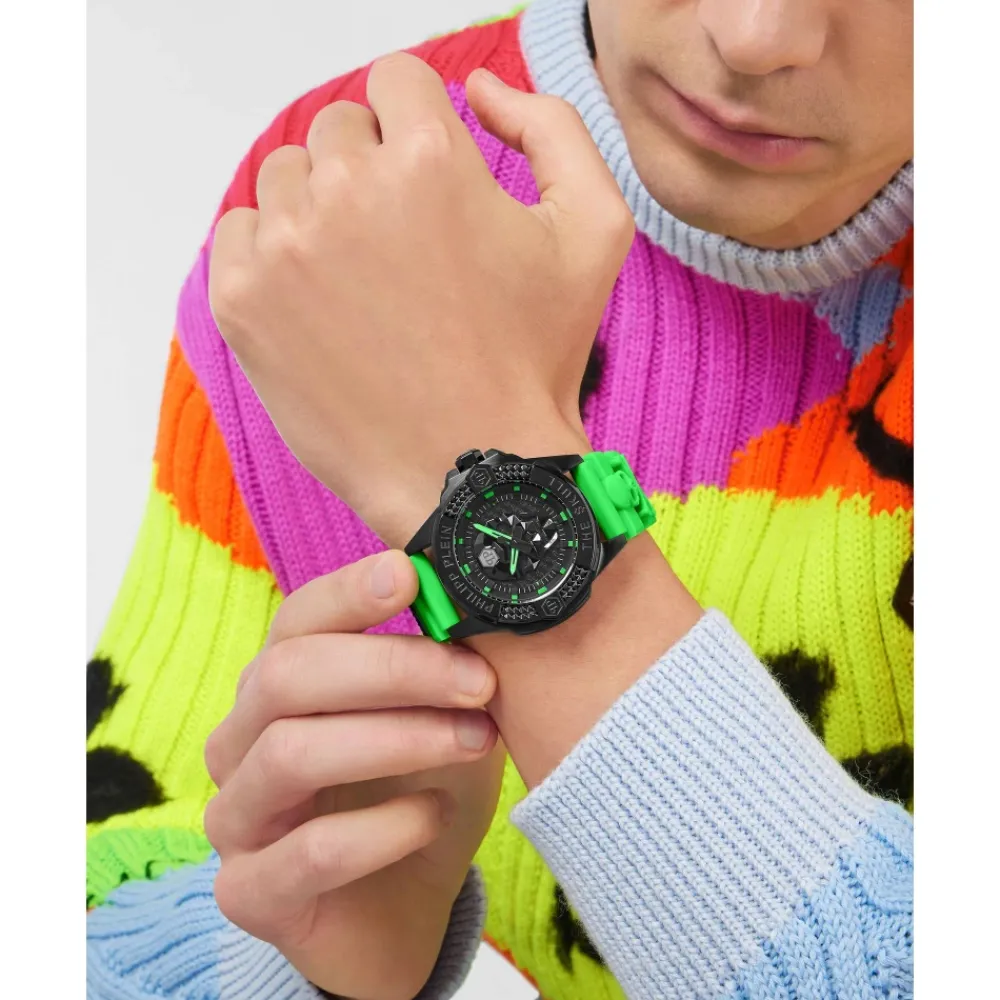 Ure<Philipp Plein Skull Watch med grøn rem Sort