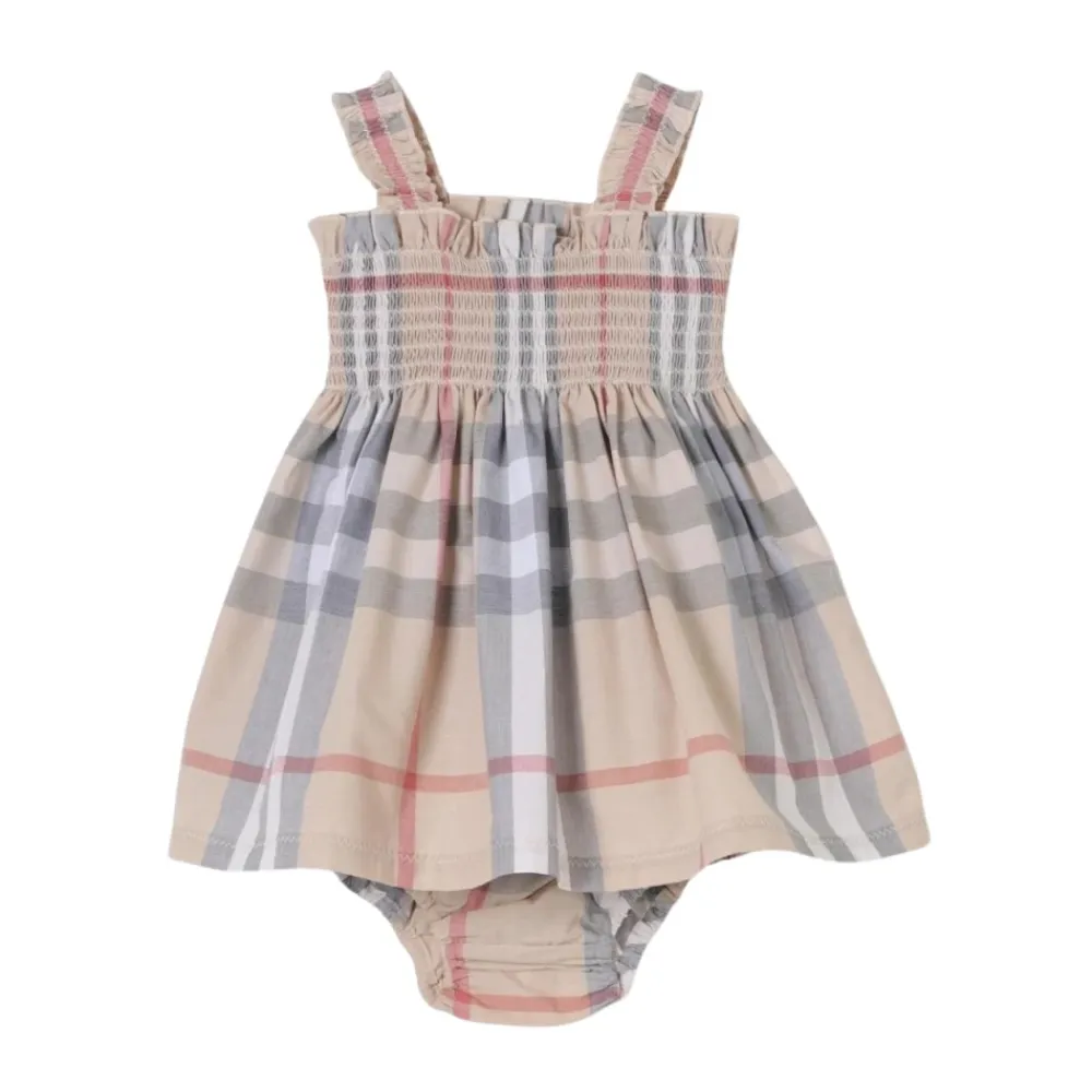 Bodystocking & Sæt^Burberry Smocked Bodice Baby Pige Kjole Beige