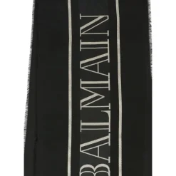 Halstørklæde<Balmain Frynset Tørklæde med Logo Sort