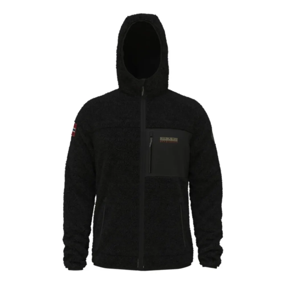 Fleece<Napapijri hættetrøje med lynlås og logo Sort