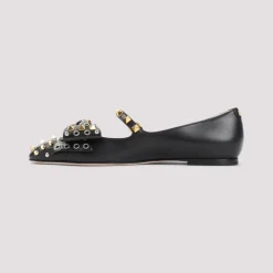 Ballerina Sko<Valentino Garavani e Læderballerinaer Elegant Stud Detaljering Sort