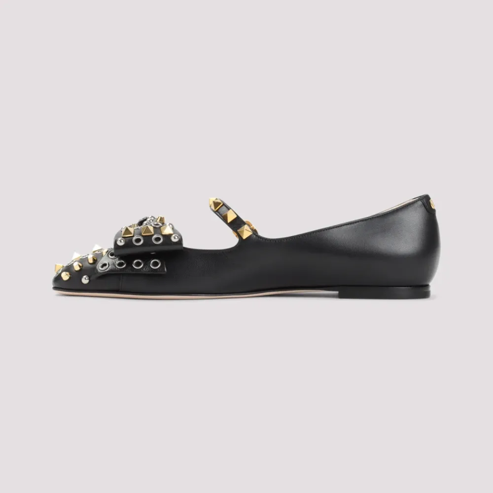 Ballerina Sko<Valentino Garavani e Læderballerinaer Elegant Stud Detaljering Sort