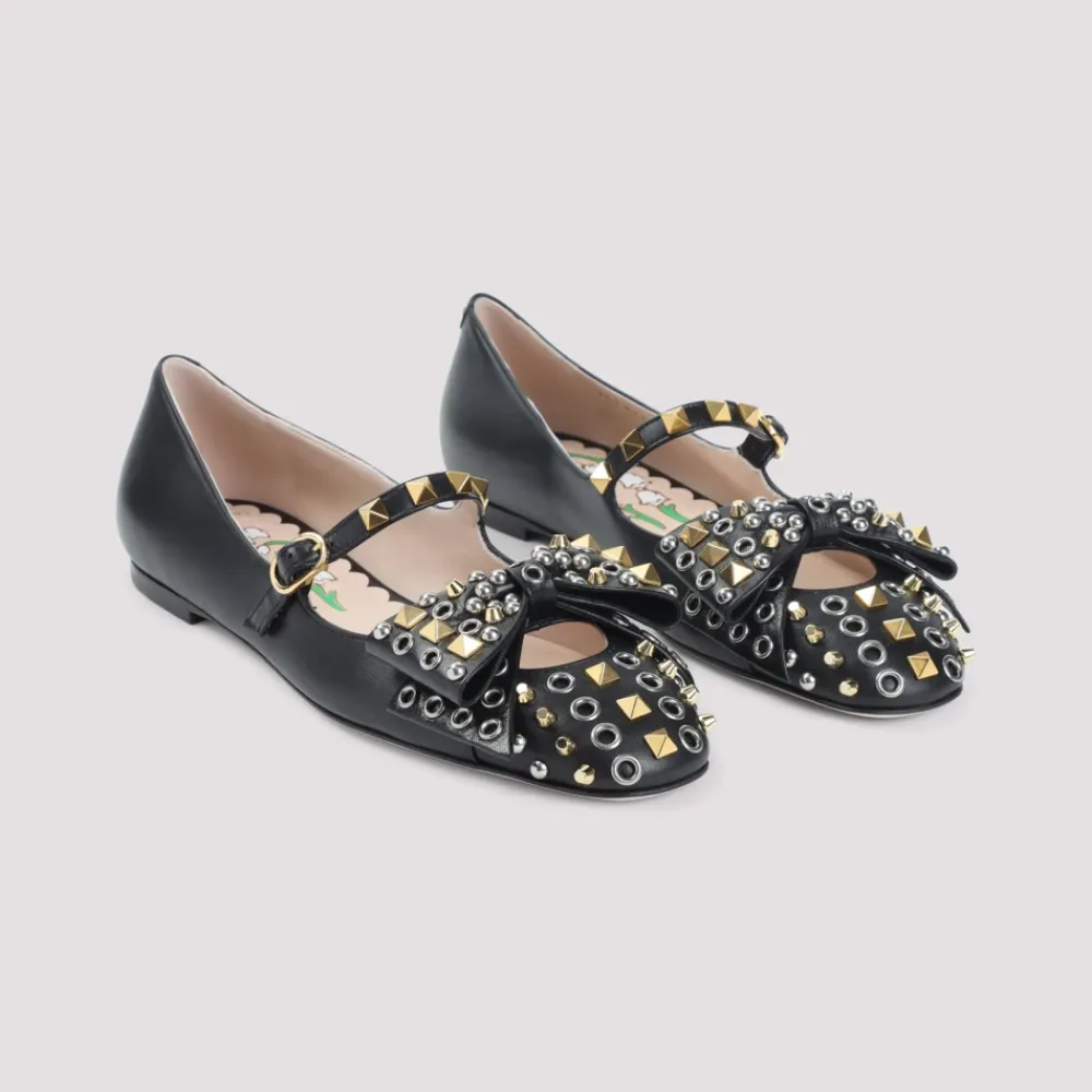 Ballerina Sko<Valentino Garavani e Læderballerinaer Elegant Stud Detaljering Sort