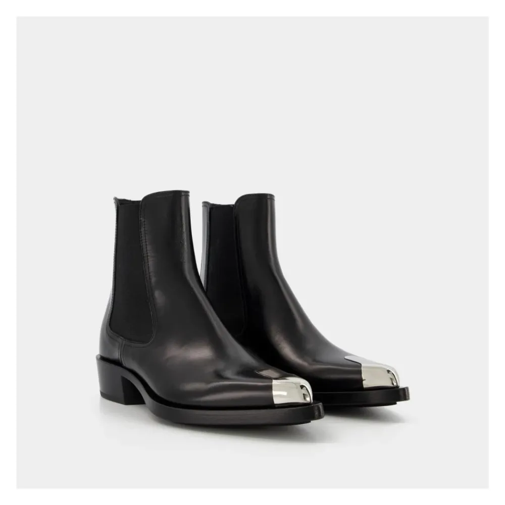Chelsea Boots^Alexander McQueen /Sølv Læder Boxcar Støvler Sort