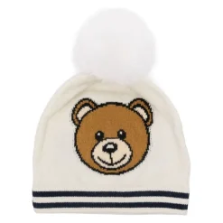 Huer & Kasketter^Moschino Strikket hue med pompon og Teddy-logo Hvid