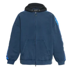 Trøjer<Balenciaga Stripe Patched Hood Zip-up Hættetrøje Blå