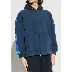 Trøjer<Balenciaga Stripe Patched Hood Zip-up Hættetrøje Blå