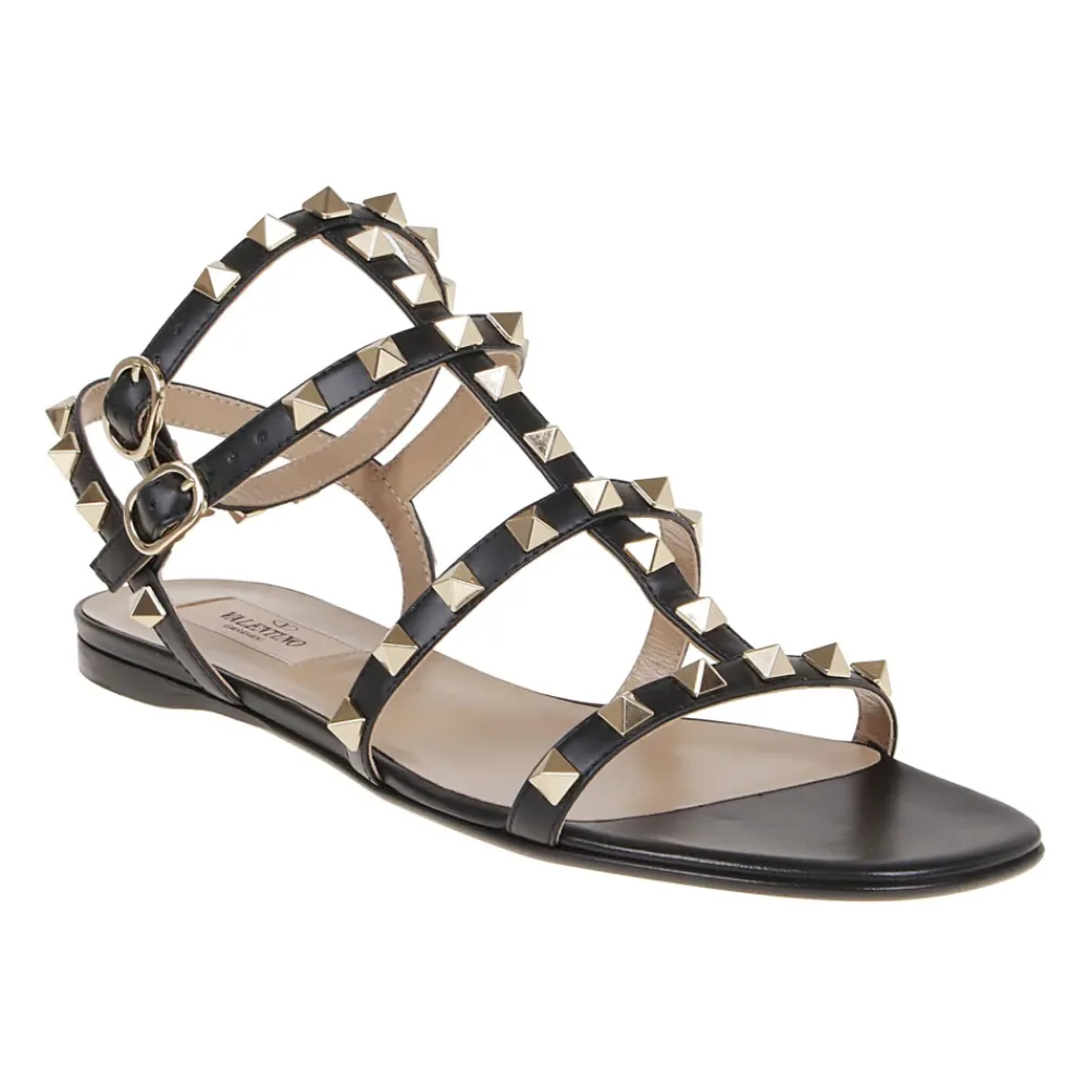 Sandaler<Valentino Garavani Studded Calfskin Flat Sandals Sort