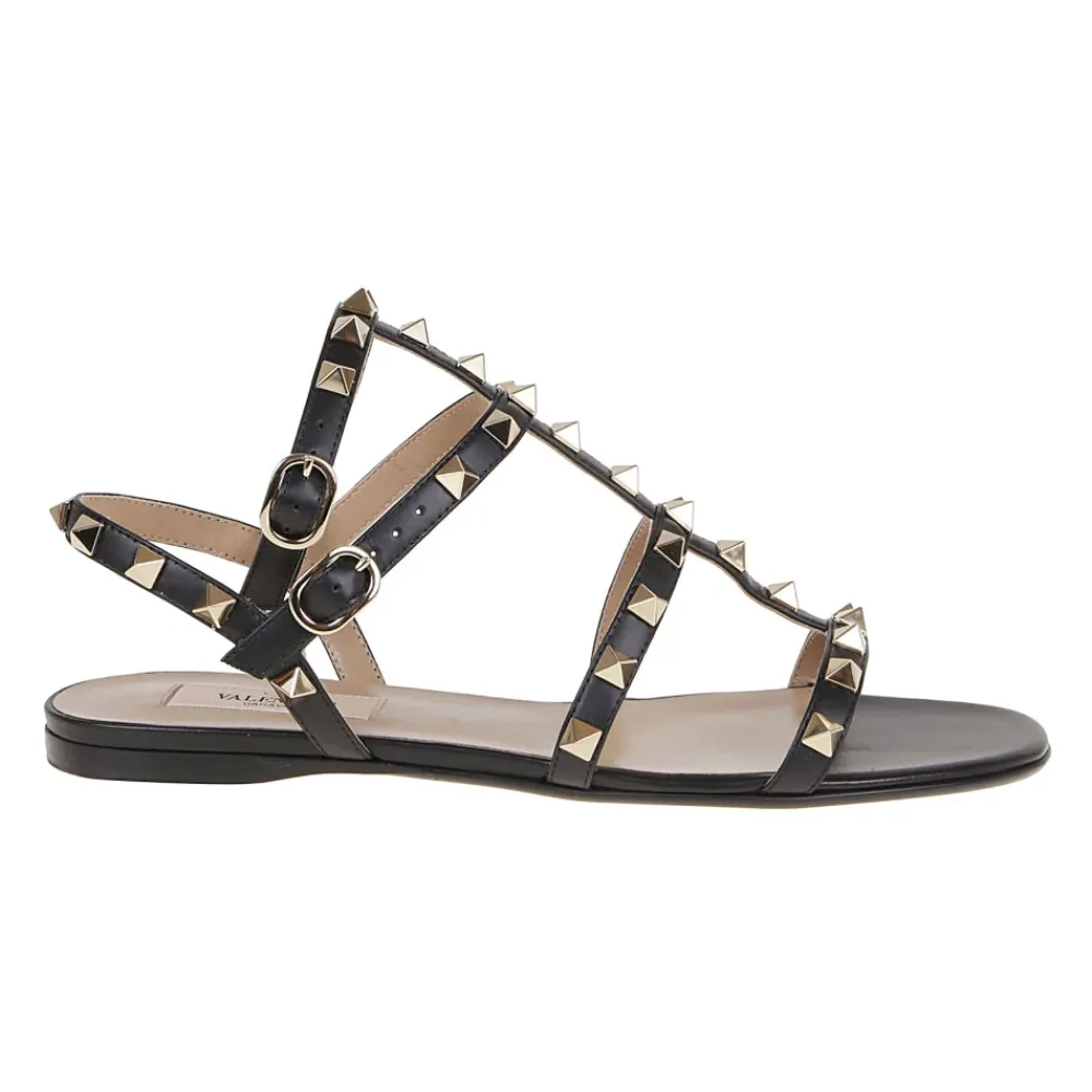 Sandaler<Valentino Garavani Studded Calfskin Flat Sandals Sort
